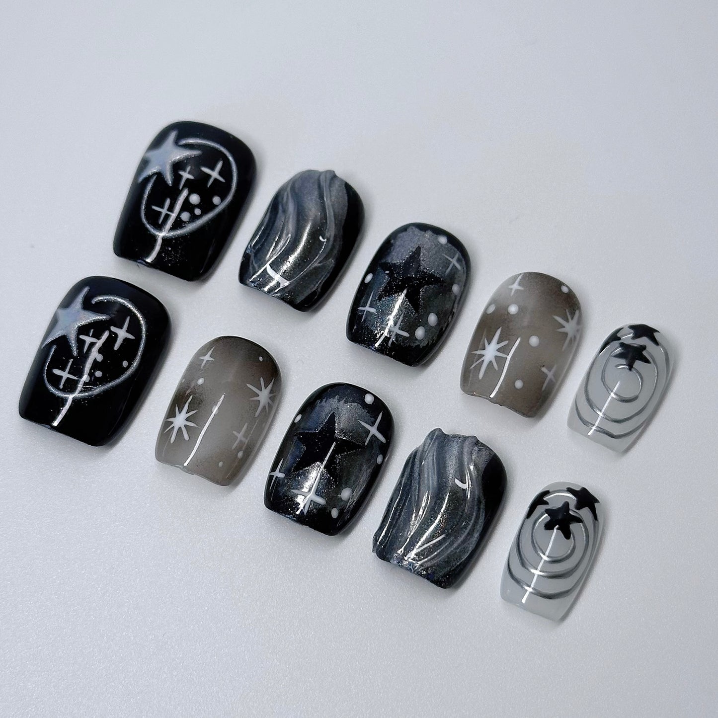 Galaxy Nail Art – Cosmic Black and Silver Press-On Nails - Anny Glow