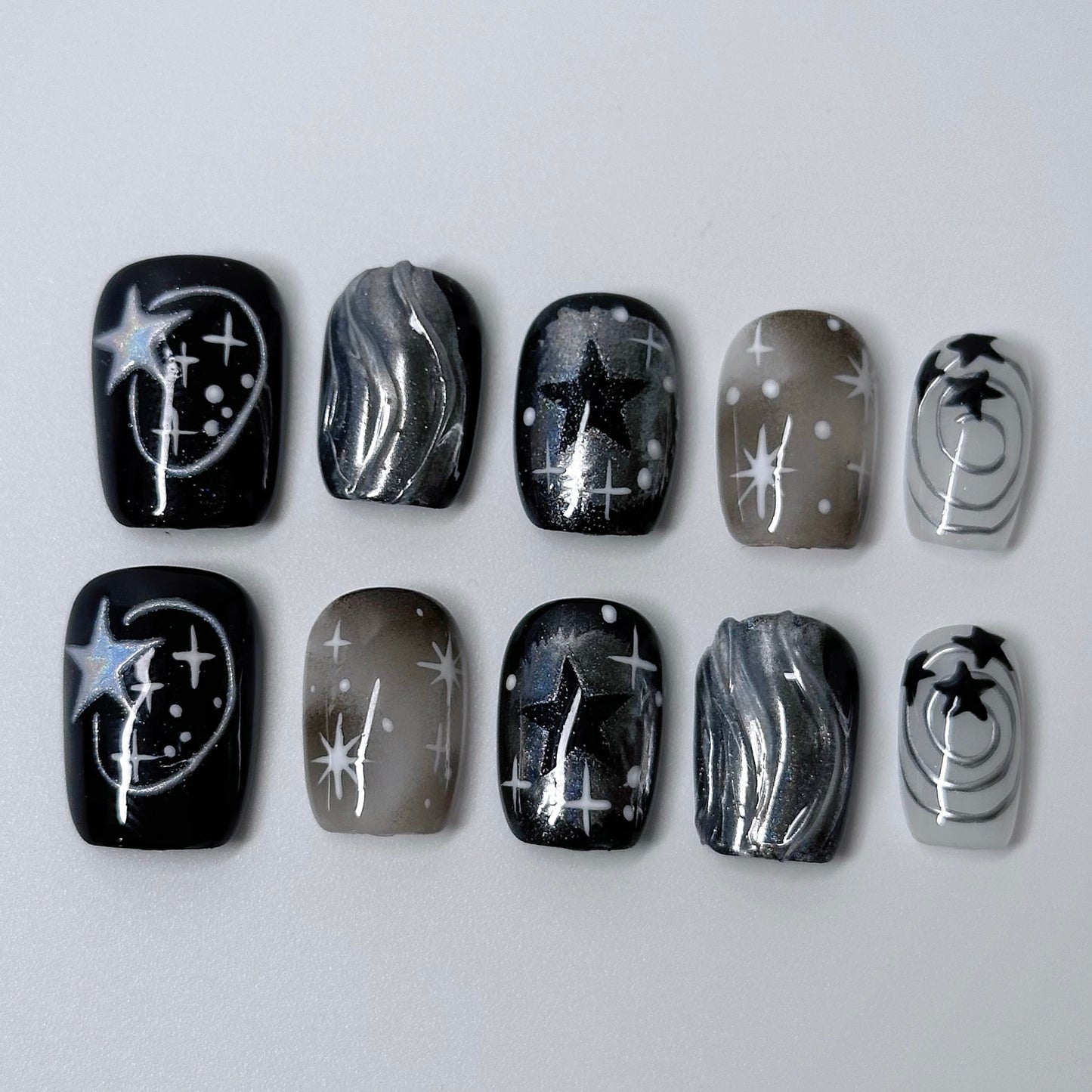 Galaxy Nail Art – Cosmic Black and Silver Press-On Nails - Anny Glow