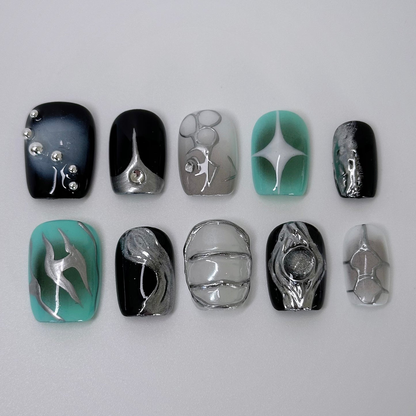 Mint Wave Nail Art – Mint Green, Black, and Silver Press-On Nails - Anny Glow