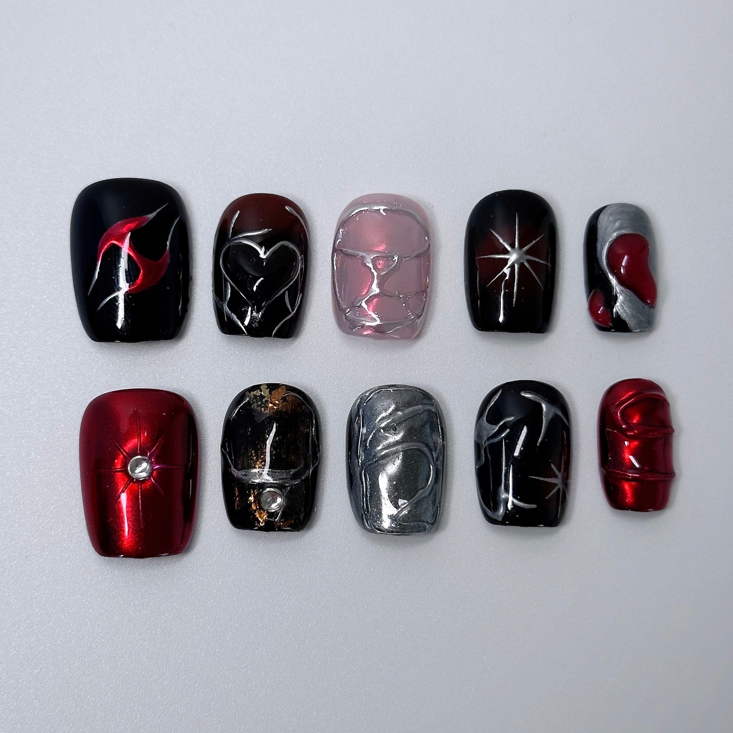 Urban Edge Nail Art – Red, Black, and Metallic Press-On Nails - Anny Glow