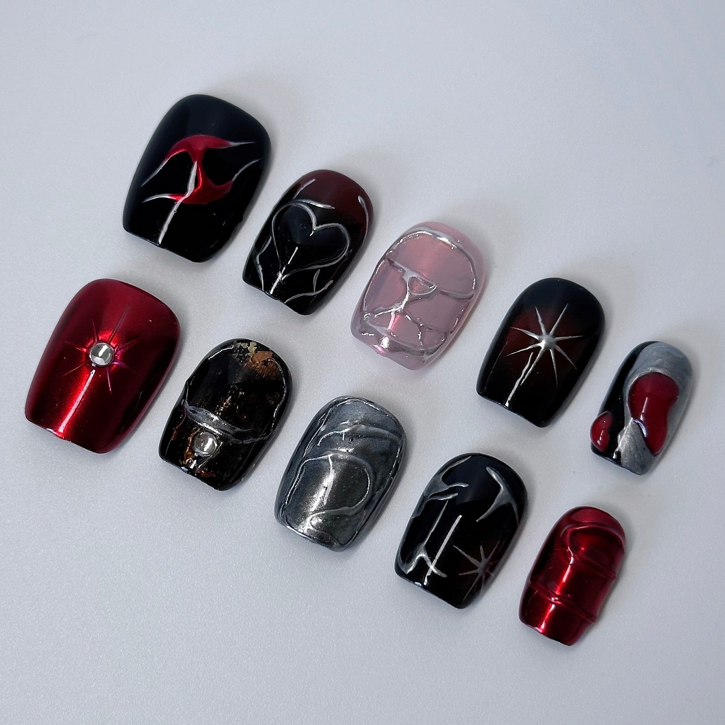 Urban Edge Nail Art – Red, Black, and Metallic Press-On Nails - Anny Glow