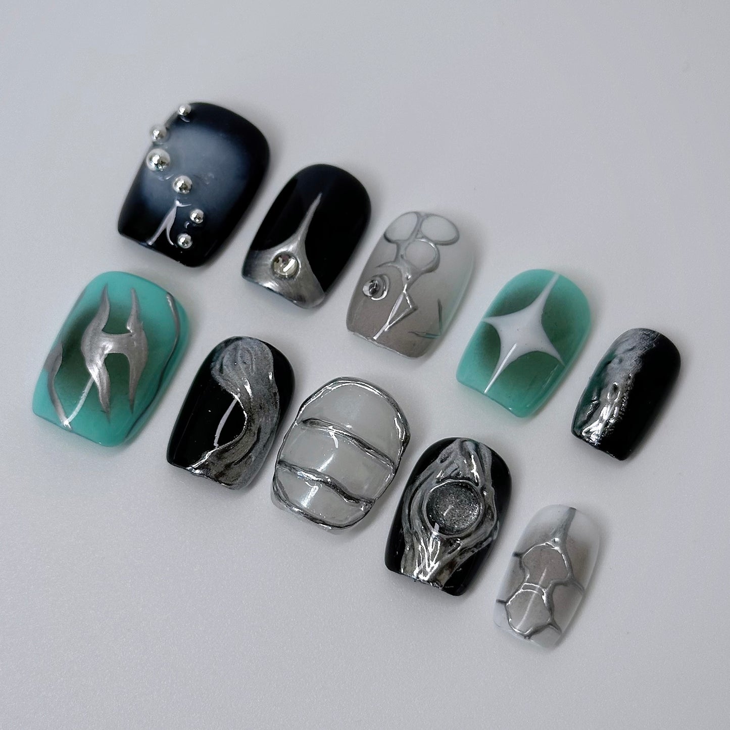 Mint Wave Nail Art – Mint Green, Black, and Silver Press-On Nails - Anny Glow