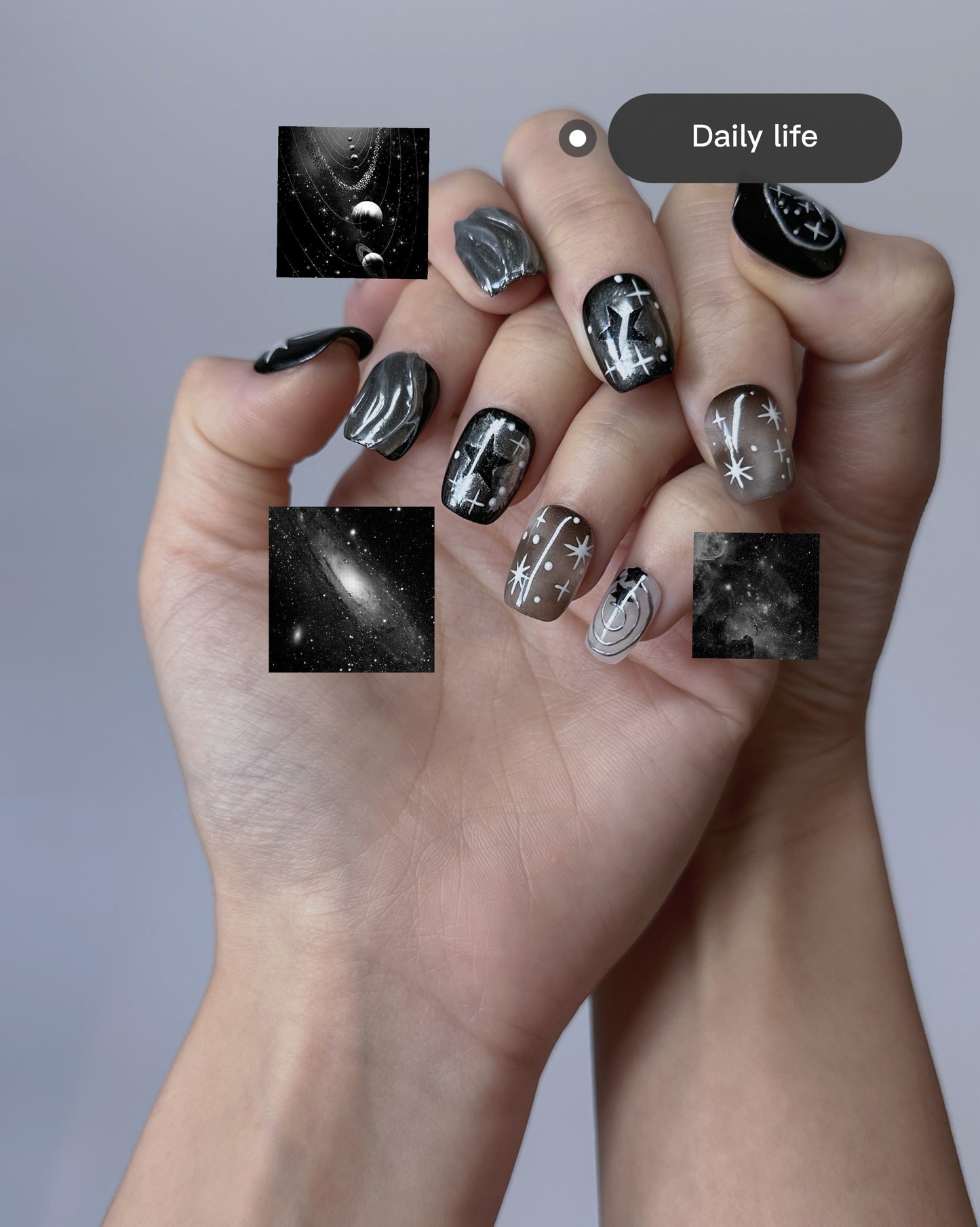 Galaxy Nail Art – Cosmic Black and Silver Press-On Nails - Anny Glow