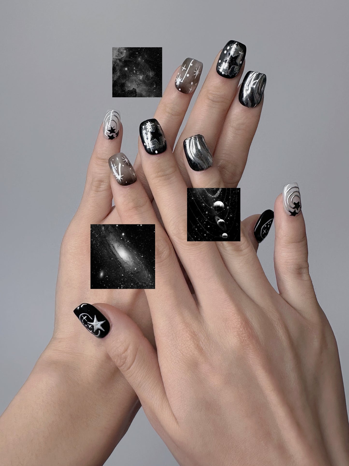 Galaxy Nail Art – Cosmic Black and Silver Press-On Nails - Anny Glow