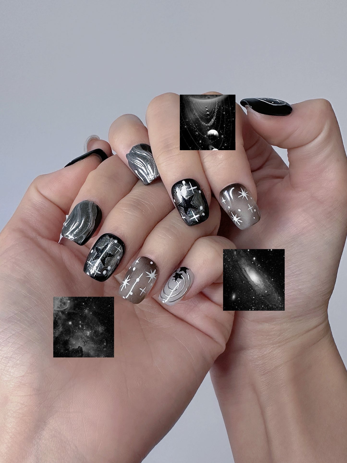 Galaxy Nail Art – Cosmic Black and Silver Press-On Nails - Anny Glow