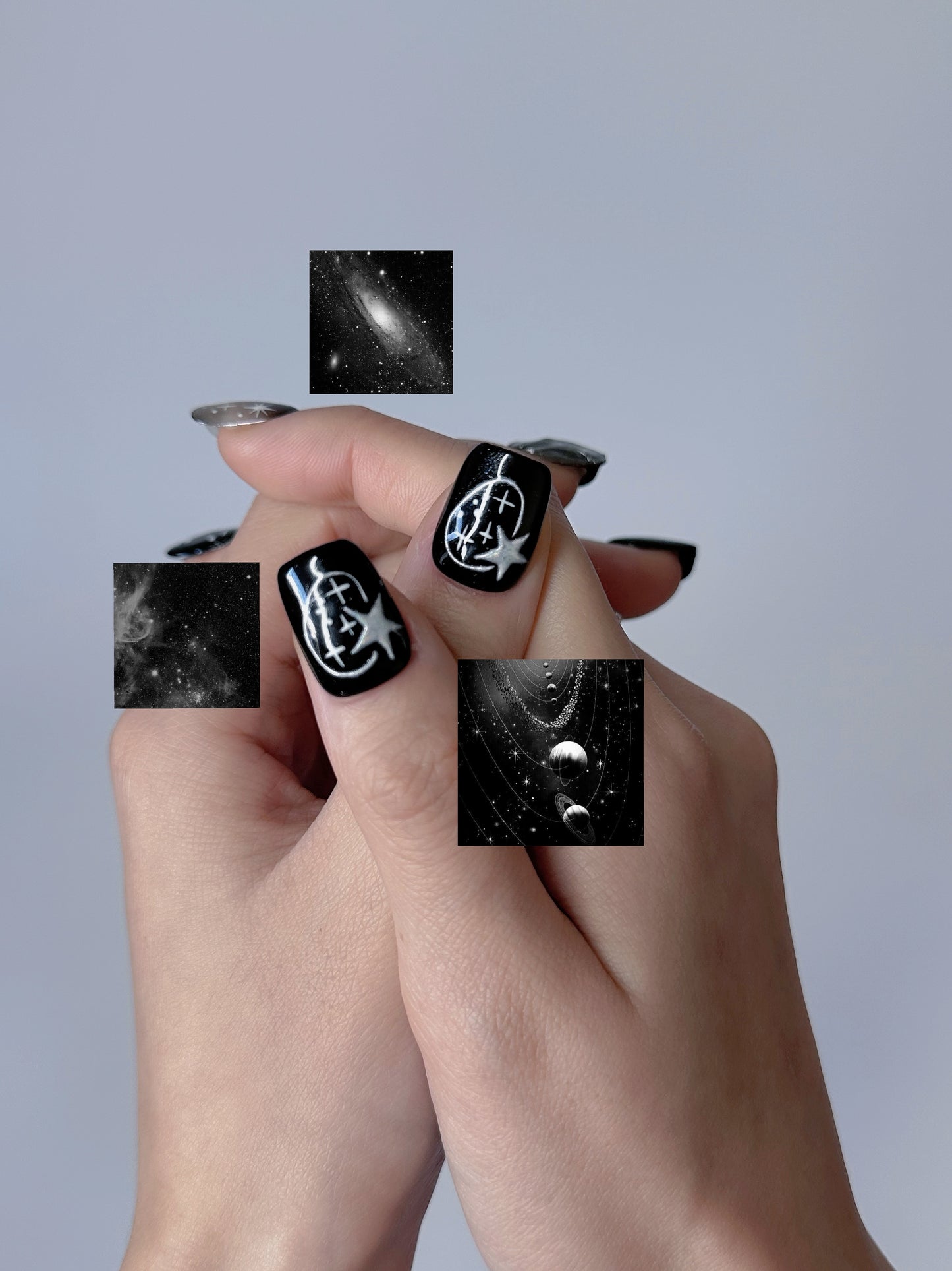 Galaxy Nail Art – Cosmic Black and Silver Press-On Nails - Anny Glow