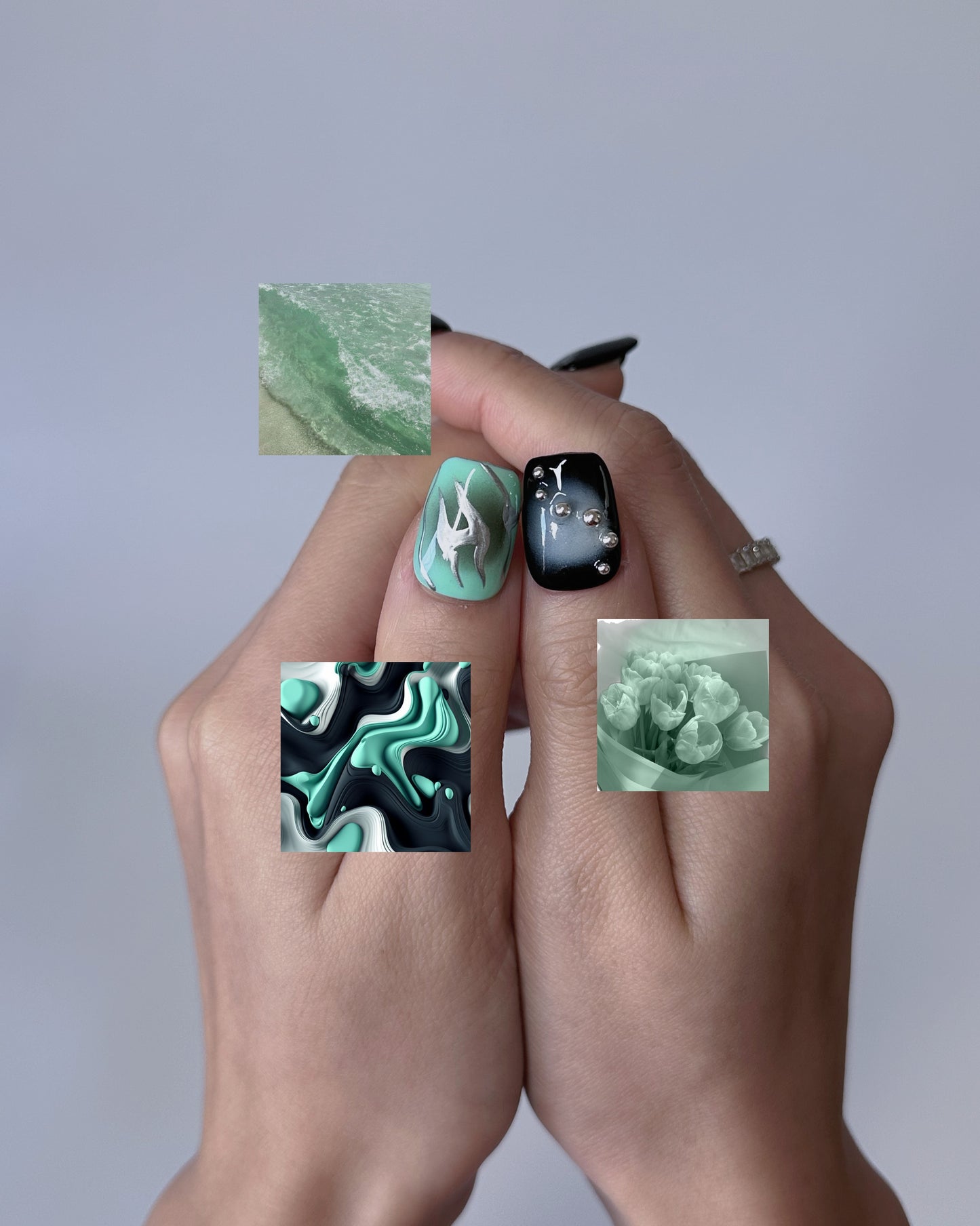 Mint Wave Nail Art – Mint Green, Black, and Silver Press-On Nails - Anny Glow