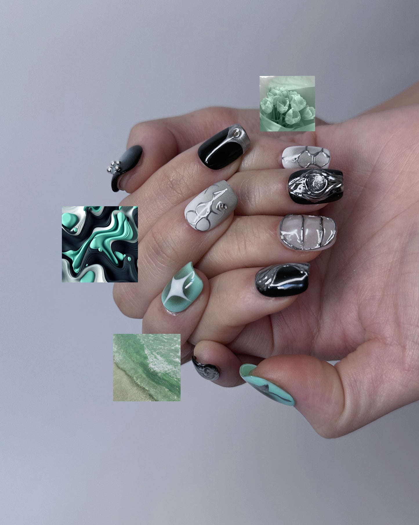 Mint Wave Nail Art – Mint Green, Black, and Silver Press-On Nails - Anny Glow