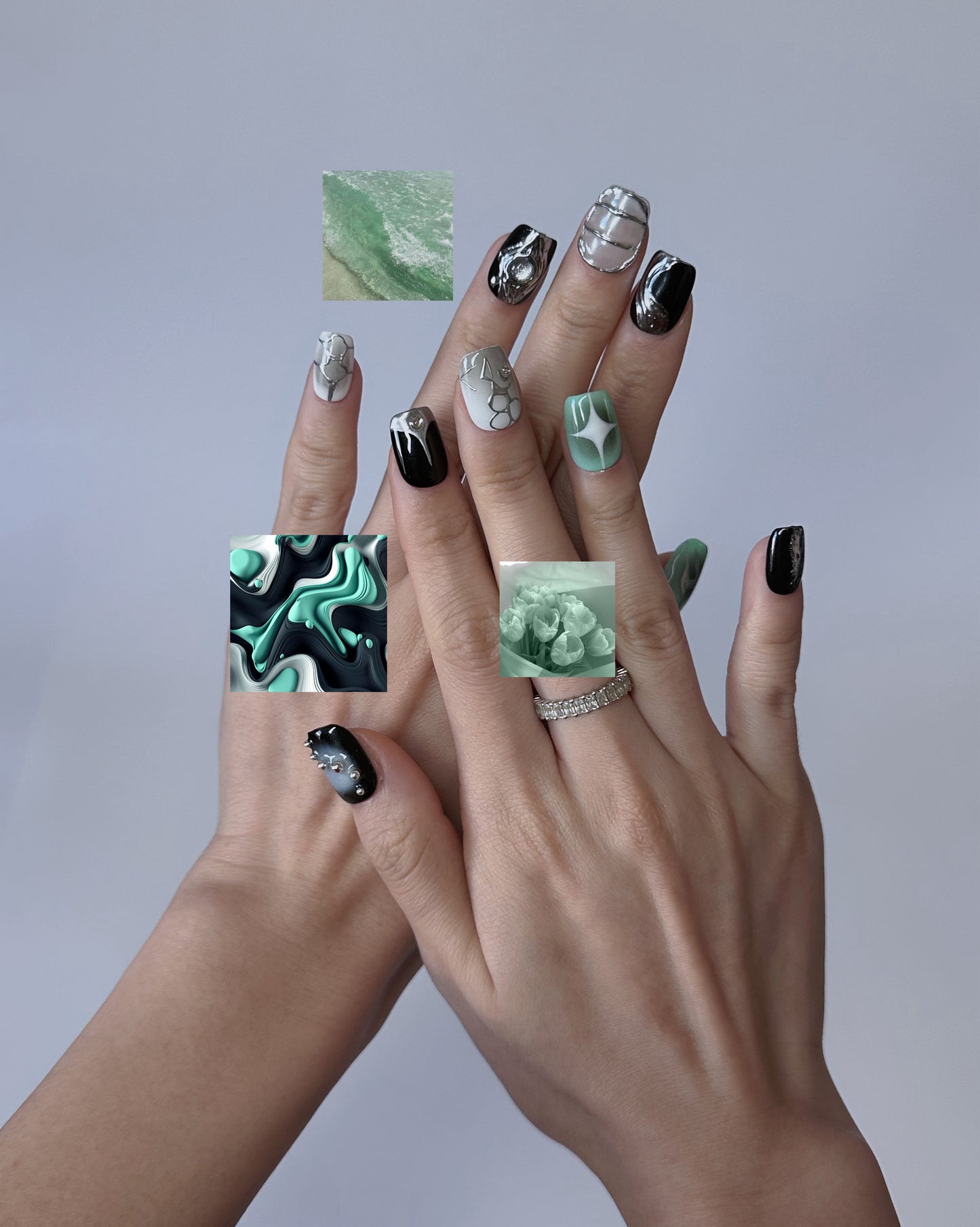 Mint Wave Nail Art – Mint Green, Black, and Silver Press-On Nails - Anny Glow