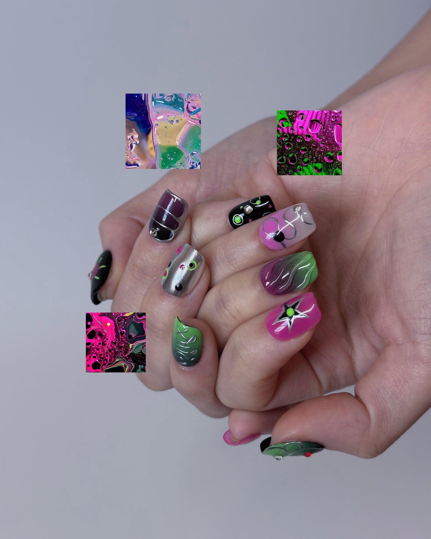 Neon Pop Nail Art – Bright Pink, Green, and Black Press-On Nails - Anny Glow