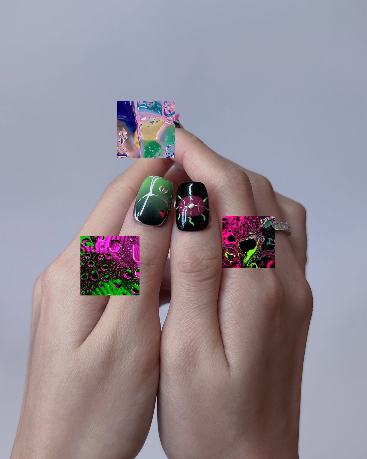 Neon Pop Nail Art – Bright Pink, Green, and Black Press-On Nails - Anny Glow