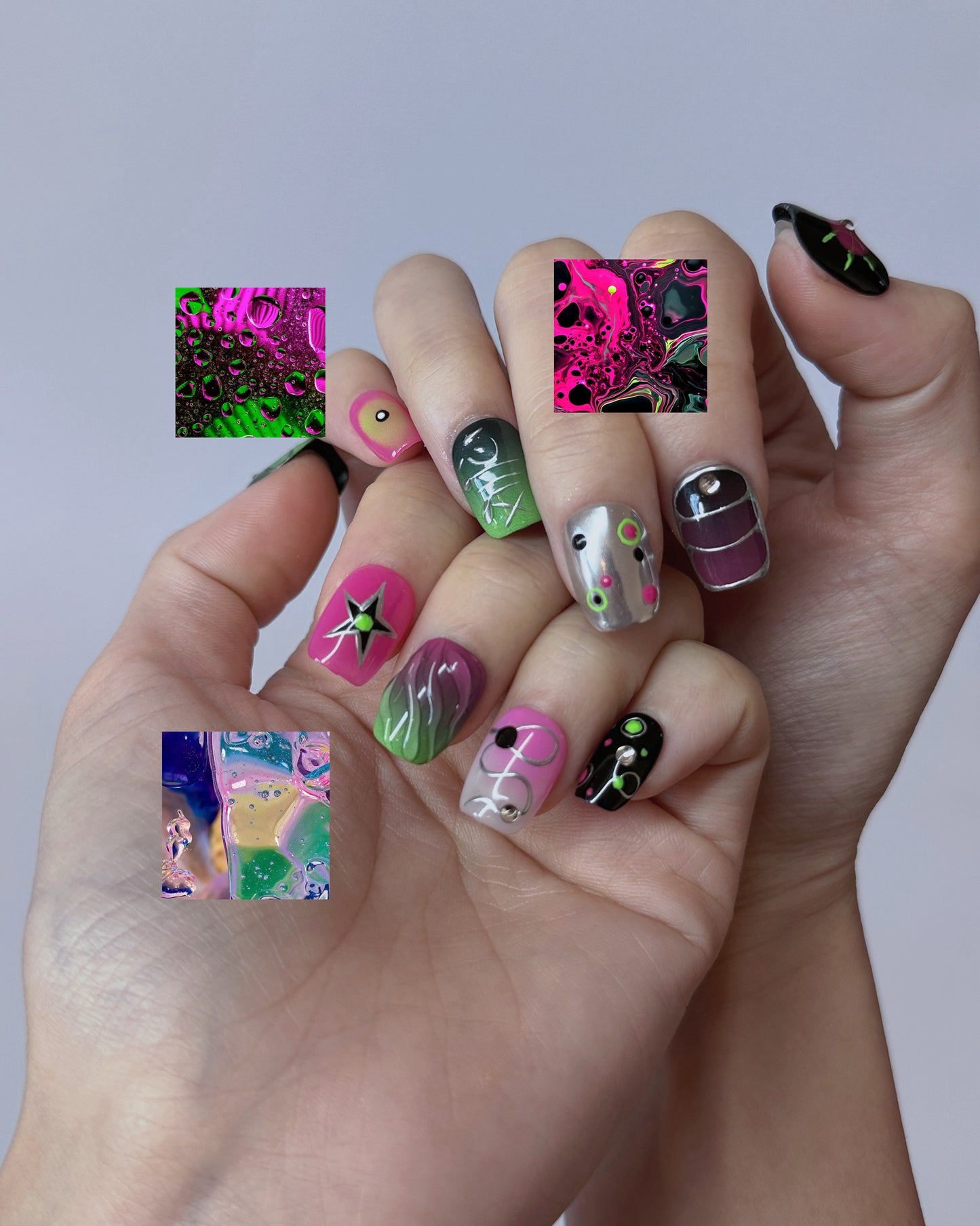 Neon Pop Nail Art – Bright Pink, Green, and Black Press-On Nails - Anny Glow