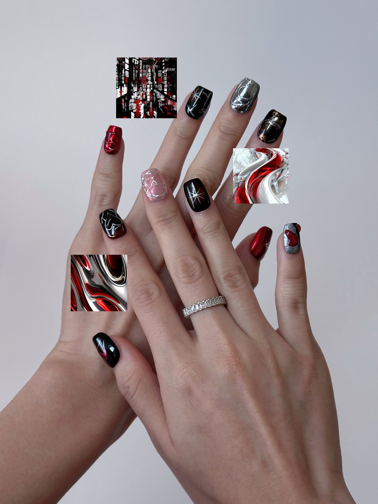 Urban Edge Nail Art – Red, Black, and Metallic Press-On Nails - Anny Glow