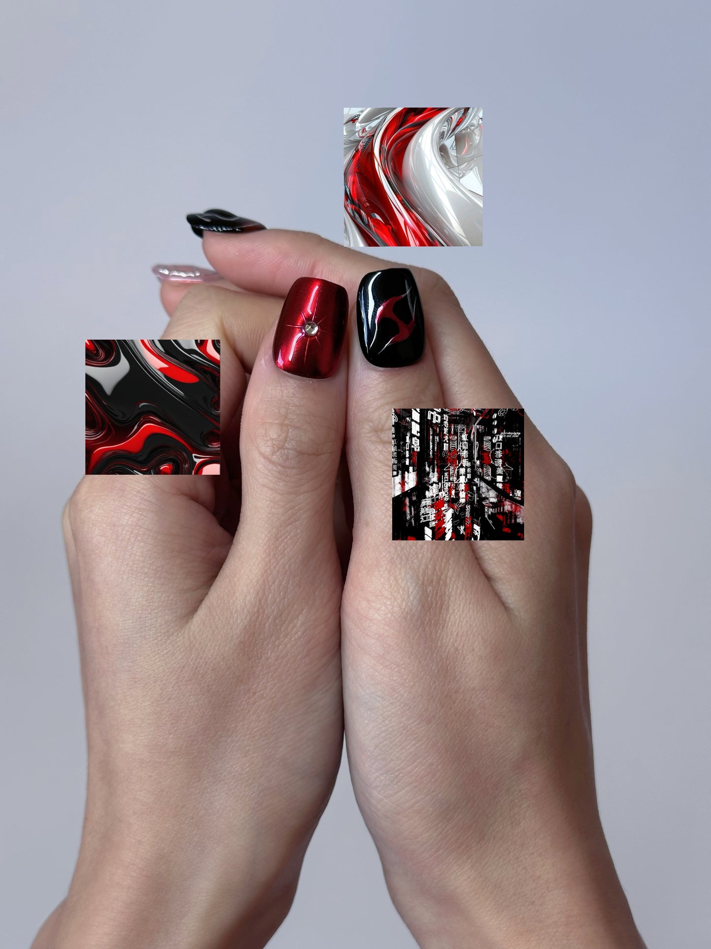 Urban Edge Nail Art – Red, Black, and Metallic Press-On Nails - Anny Glow