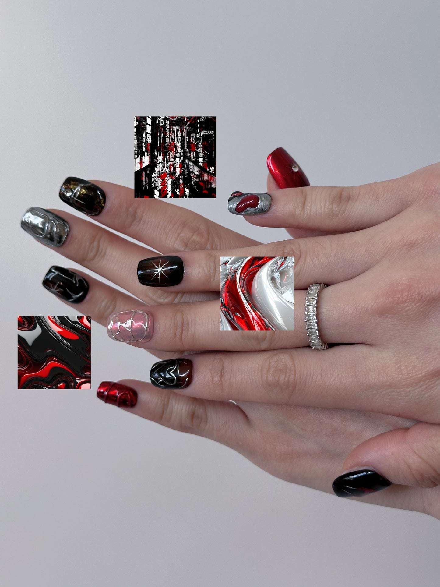 Urban Edge Nail Art – Red, Black, and Metallic Press-On Nails - Anny Glow