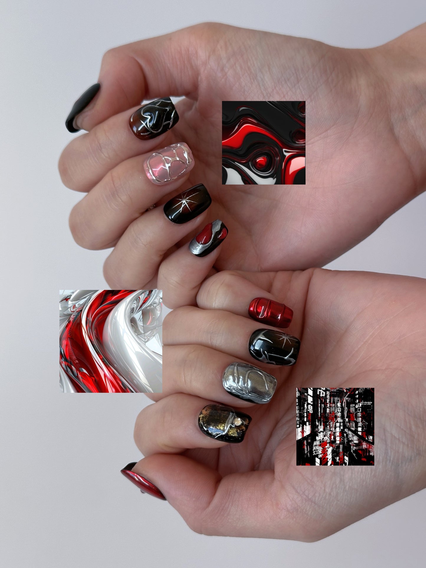 Urban Edge Nail Art – Red, Black, and Metallic Press-On Nails - Anny Glow