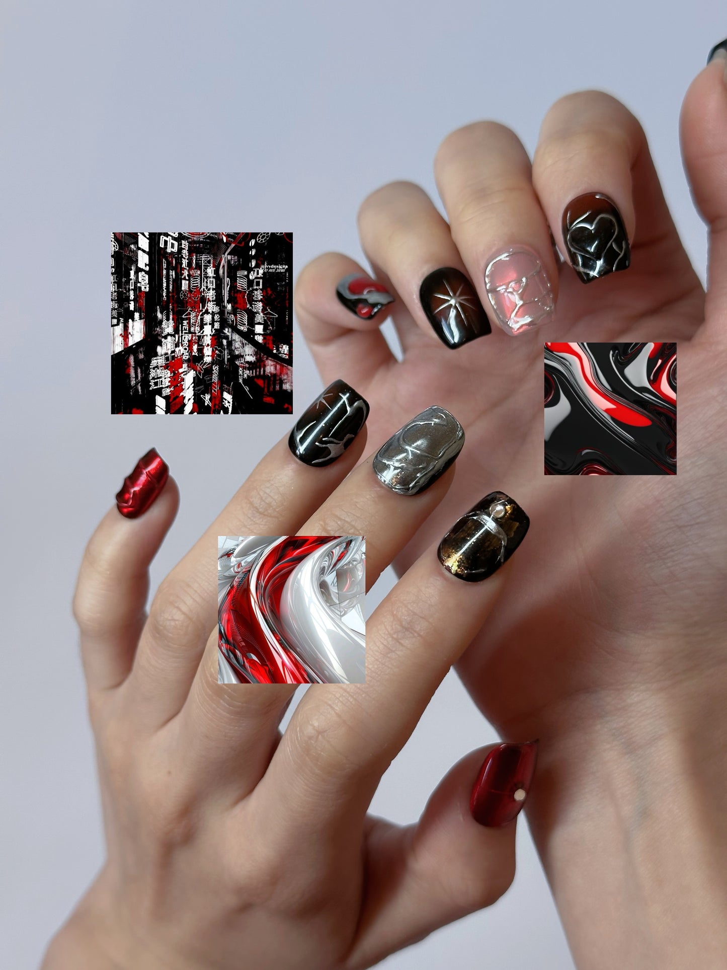 Urban Edge Nail Art – Red, Black, and Metallic Press-On Nails - Anny Glow