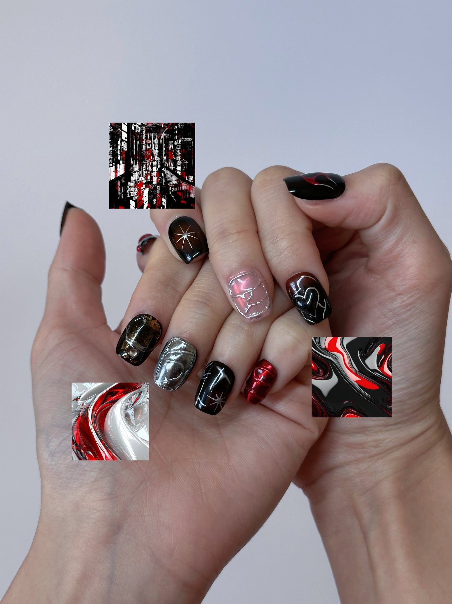 Urban Edge Nail Art – Red, Black, and Metallic Press-On Nails - Anny Glow