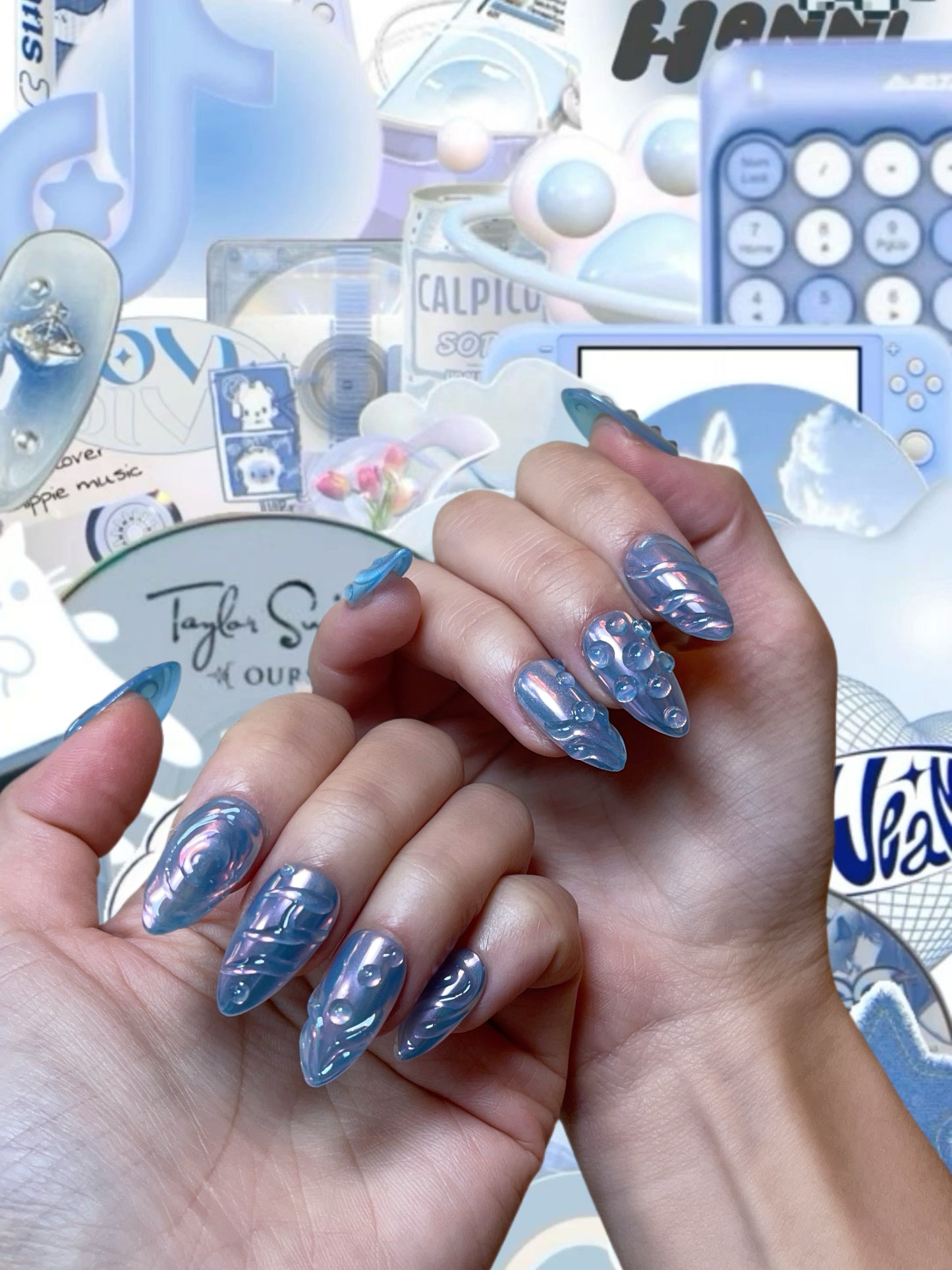 Metallic Blue Chrome Nails – Futuristic 3D Press On Nails - Anny Glow