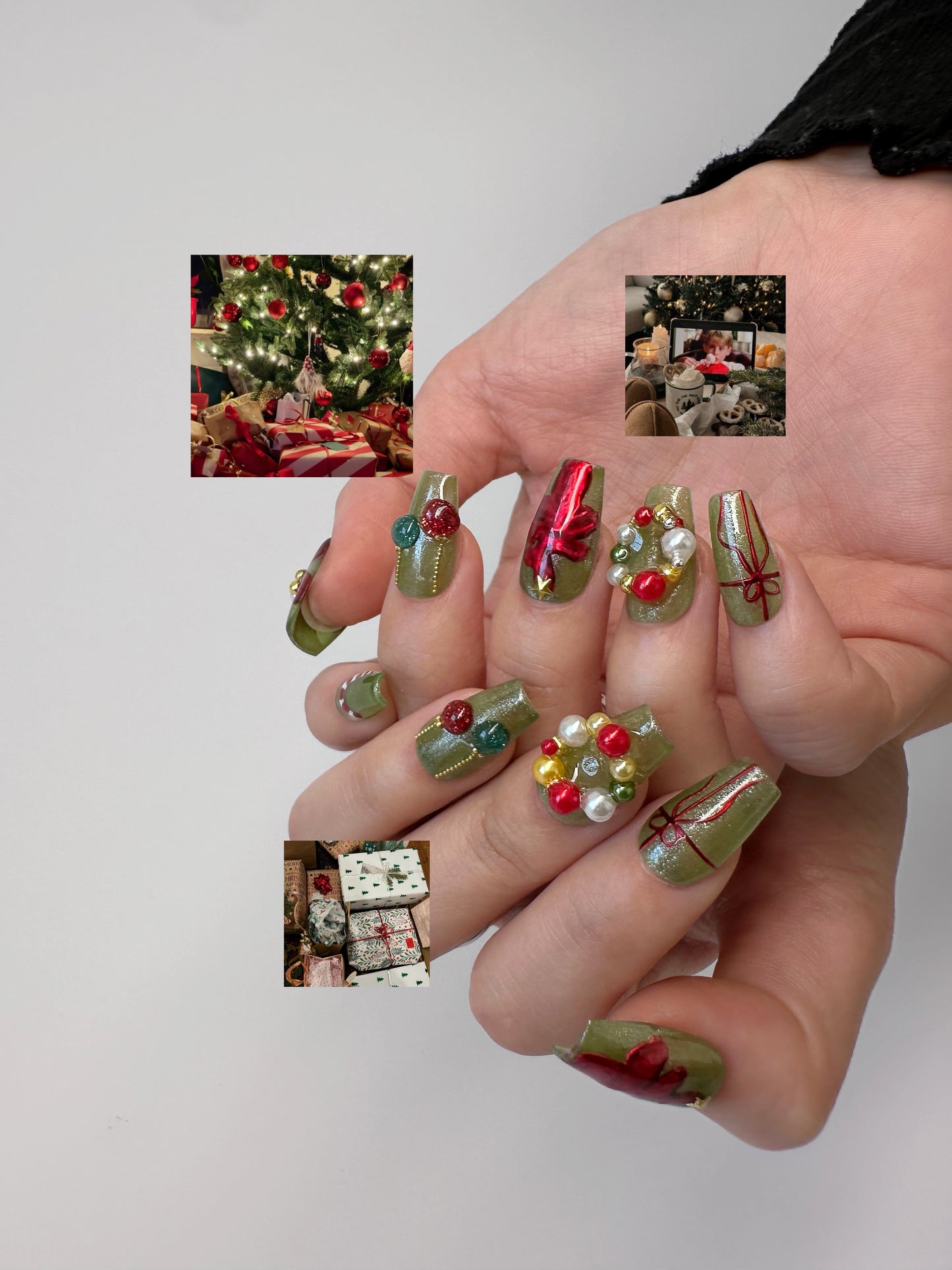 Christmas Wreath Nails – Green and Red Holiday Press-On Nails - Anny Glow