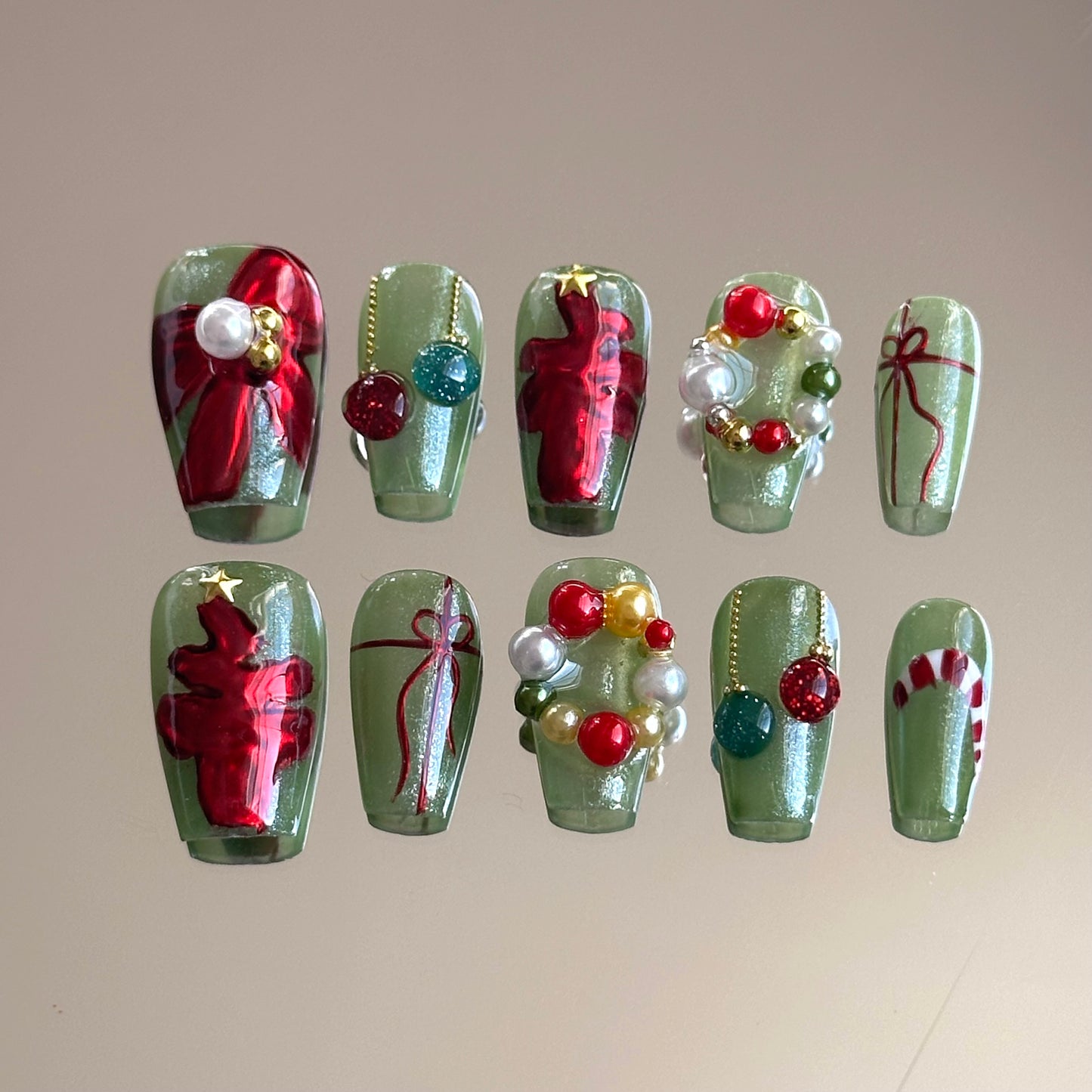 Christmas Wreath Nails – Green and Red Holiday Press-On Nails - Anny Glow