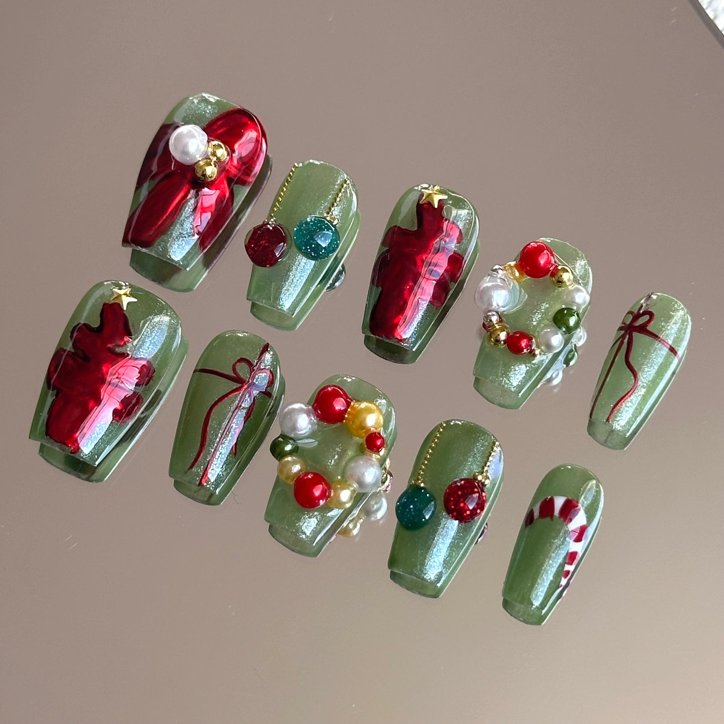 Christmas Wreath Nails – Green and Red Holiday Press-On Nails - Anny Glow