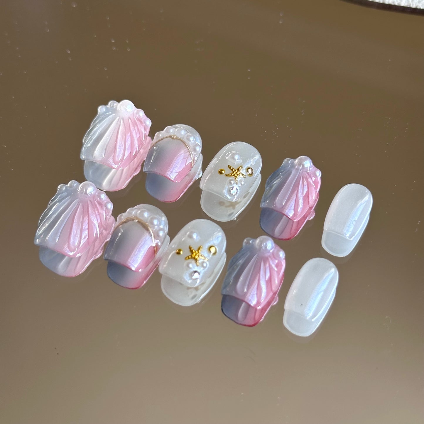 Seashell Pearl Nails press ons – Elegant Ocean-Inspired Press-On Nails - Anny Glow